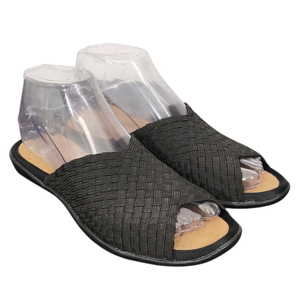 BERNIE MEV BON BON OPEN TOE MULE SLIDE SANDAL WOVEN CLASSIC FLAT BLACK 7.5